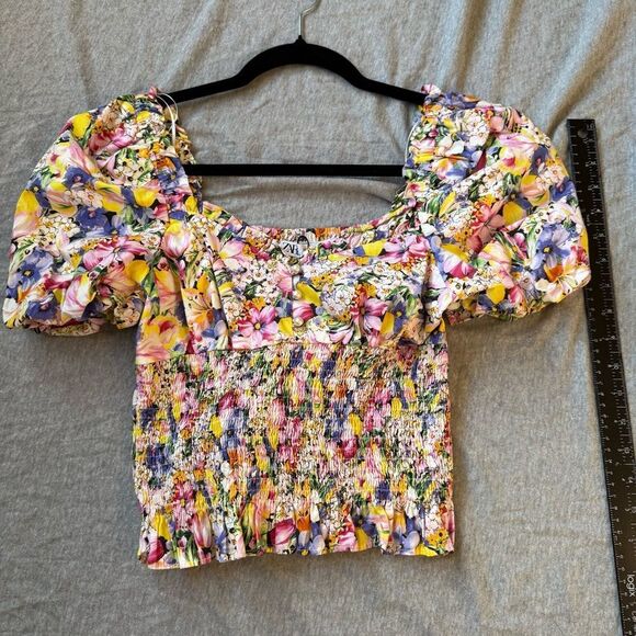 Sz XS Zara Smocked Scrunched Stretchy Pink Purple Yellow Pearl Detail Blouse - Picture 2 of 9